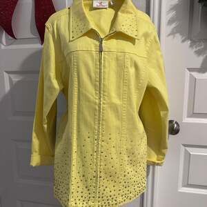 Quacker Factory Lemon Yellow Rhinestone Embellished Denim Jacket